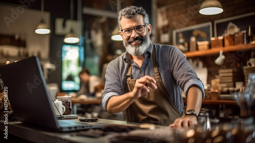 Close up portrait of small business owner calculating his bills and revenue. ?reated with Generative AI technology.