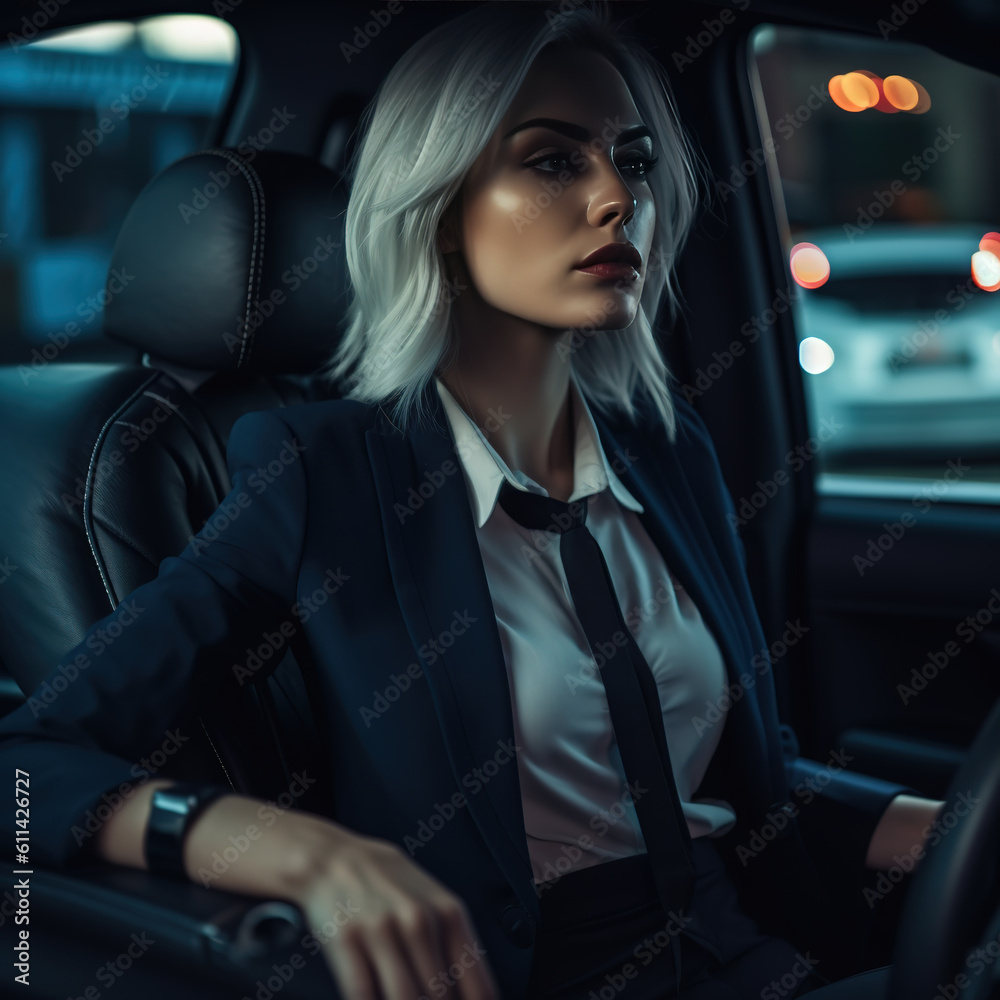 Attractive young woman in business suit driving car. Attractive young woman in business suit driving car.