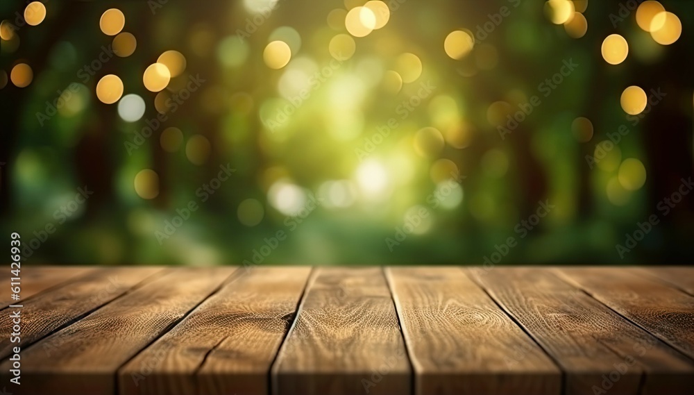 Empty wooden table for product showcase amidst the beauty of nature in forested background.