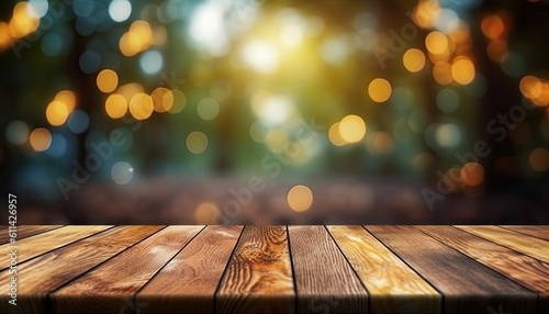 Empty wooden table for product showcase amidst the beauty of nature in forested background.