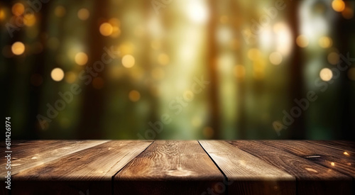 Empty wooden table for product showcase amidst the beauty of nature in forested background.