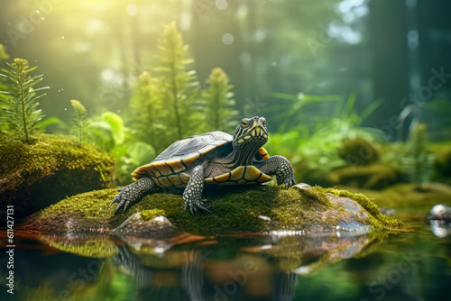 A turtle swimming gracefully in a tank  showcasing its natural aquatic movements.