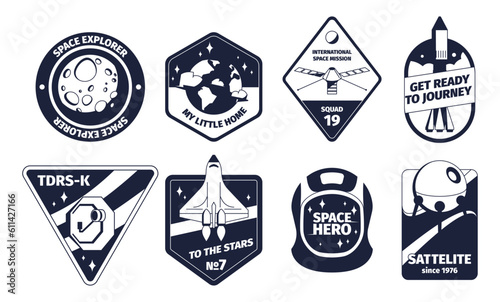 Vintage space emblem. Retro monochrome labels with galaxy rocket shuttle stars and planets, classic space symbols in premium quality stickers. Vector set. Cosmos exploration patch collection