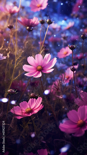 A field of pink cosmos flowers with a blue sky in the background. Generative AI.