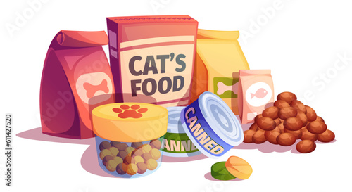 Pet food packs. Nature food for animals, veterinarian supplies with pets, food for animals with paw, pet store with bag with natural products. Vector set. Packaging with wet and dry snacks