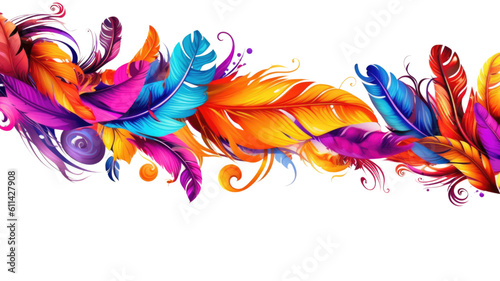 border with decorative ornate feathers in bright colors, generative ai