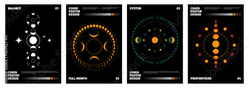 Moon phases posters. Minimalistic print collection with abstract silhouettes of moon phases, magic posters with Moon crescent symbols. Vector set. Mystic or magic witchcraft celestial bodies