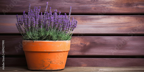 Lavender in a pot on wooden wall background, Generative AI