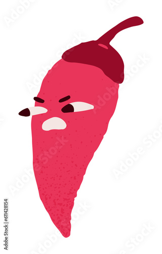 Hot red chilli pepper with angry mad face expression. Spicy vegetable character with annoyed irritated emotion, crazy reaction, bad temper, mood. Flat vector illustration isolated on white background