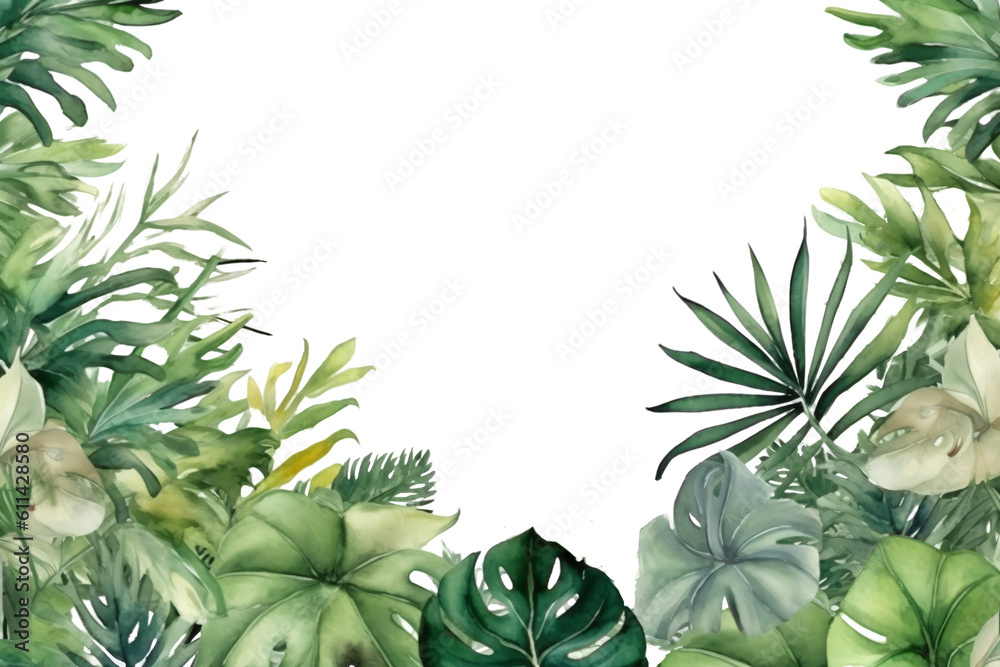 Fototapeta premium borders with greenery like Philodendron framing an empty text space in watercolor design isolated against transparent