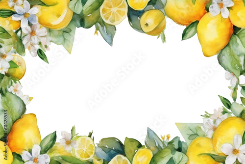 border decorated with Lemons, leaves and flowers in watercolor design isolated on transparent background