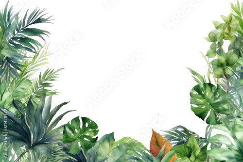 borders with greenery like Philodendron  framing an empty text space in watercolor design isolated against transparent