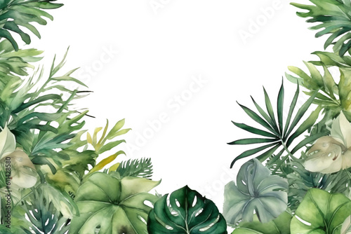 borders with greenery like Philodendron framing an empty text space in watercolor design isolated against transparent