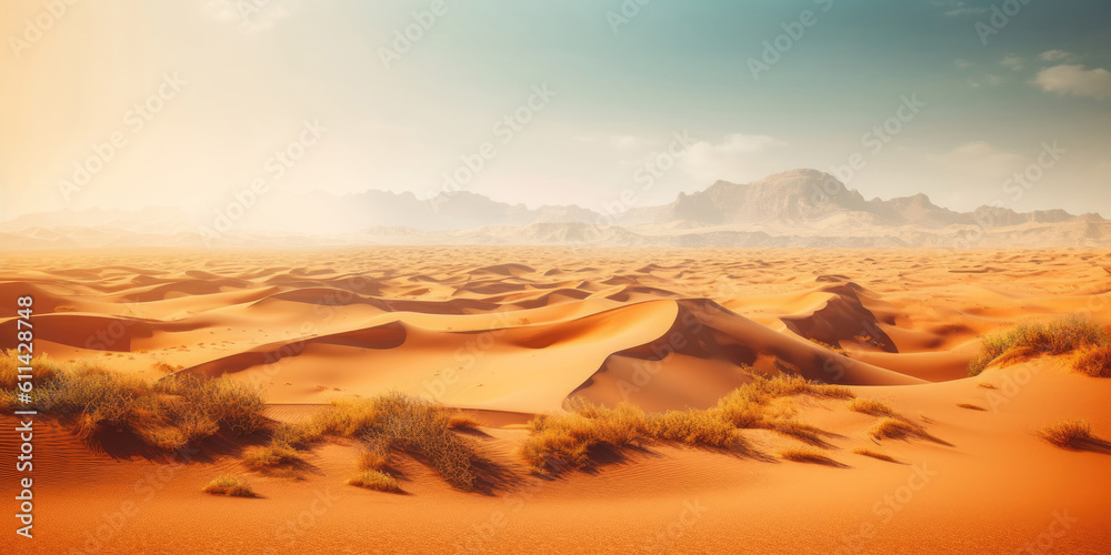 Sand dunes in a desert with a view of mountains, Generative AI