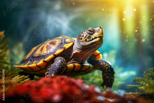 A turtle swimming gracefully in a tank, showcasing its natural aquatic movements.