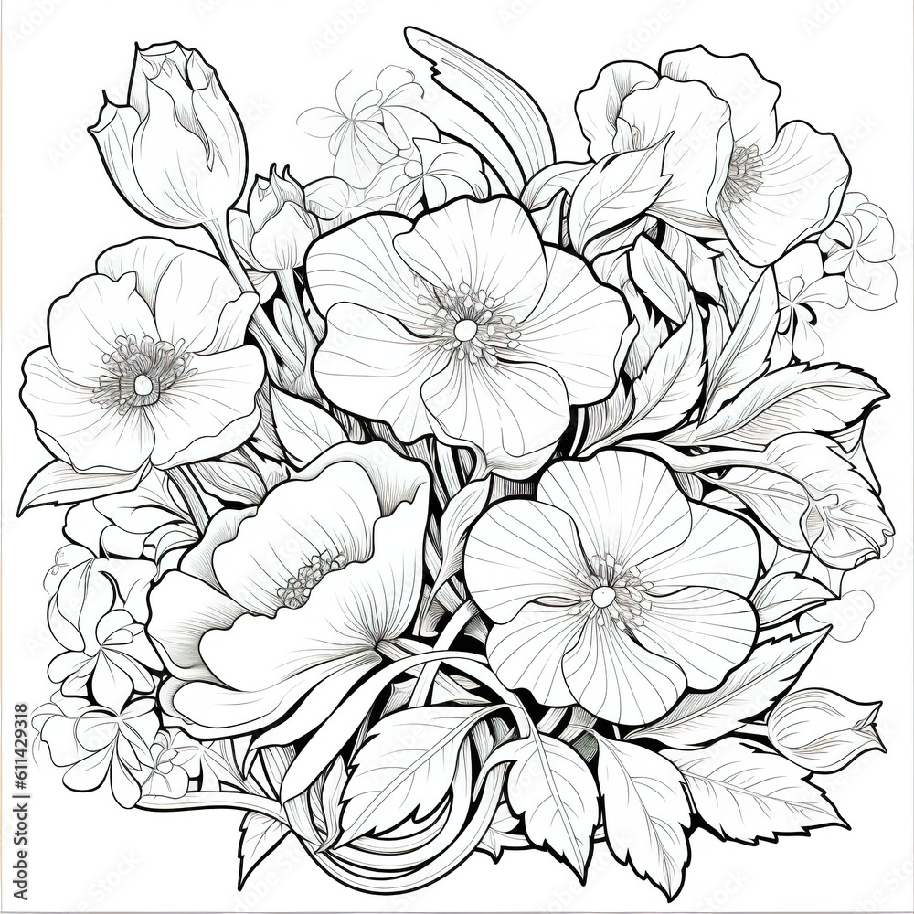 Coloring Page of flowers. No colour. Drawing