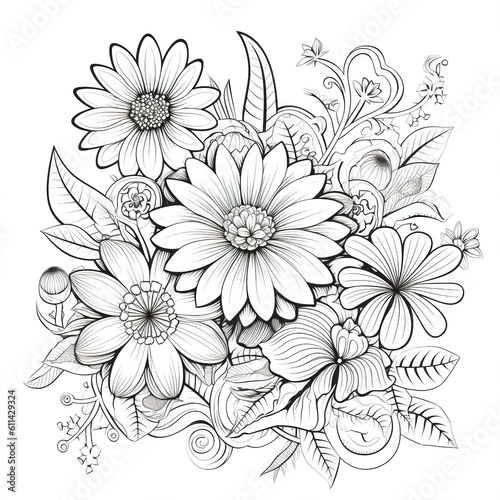 Coloring Page of flowers. No colour. Drawing