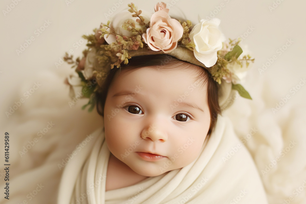 a beautiful baby girl in a flower wreath, Created with Generative AI a beautiful baby girl in a flower wreath, Created with Generative AI