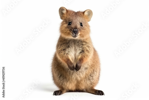 A friendly quokka sitting on its hind legs on white background. Generative AI. photo