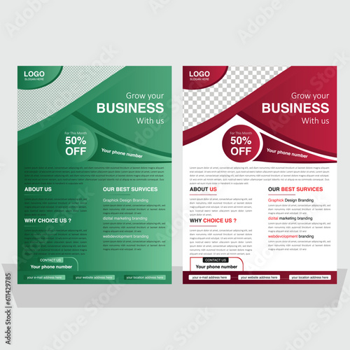 : modern red and green colors flyer design template. corporate creative idea clean vector illustration a4 half page single advertising brochure layout .