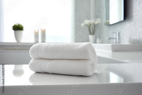 White spa towel on bathroom interior background. Generative AI
