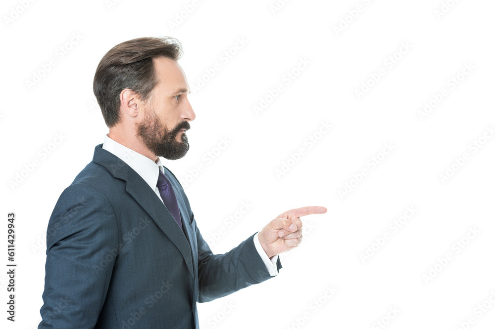 businessman boss pointing on copy space. businessman boss isolated on white. businessman boss pointing on copy space. businessman boss isolated on white.