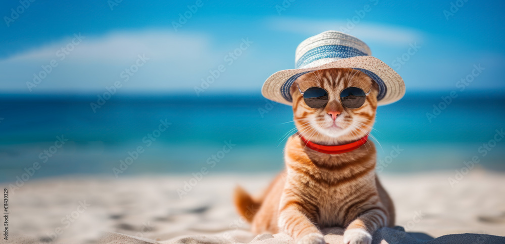 Cat, Purr-fect Summer Getaway.  Cool Cat Enjoys Fun in the Sun at the Beach, Sporting Shades, Sunglasses, and a Stylish Hat.  Generative AI.