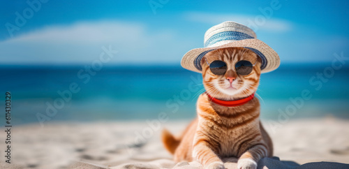 Cat, Purr-fect Summer Getaway. Cool Cat Enjoys Fun in the Sun at the Beach, Sporting Shades, Sunglasses, and a Stylish Hat. Generative AI.