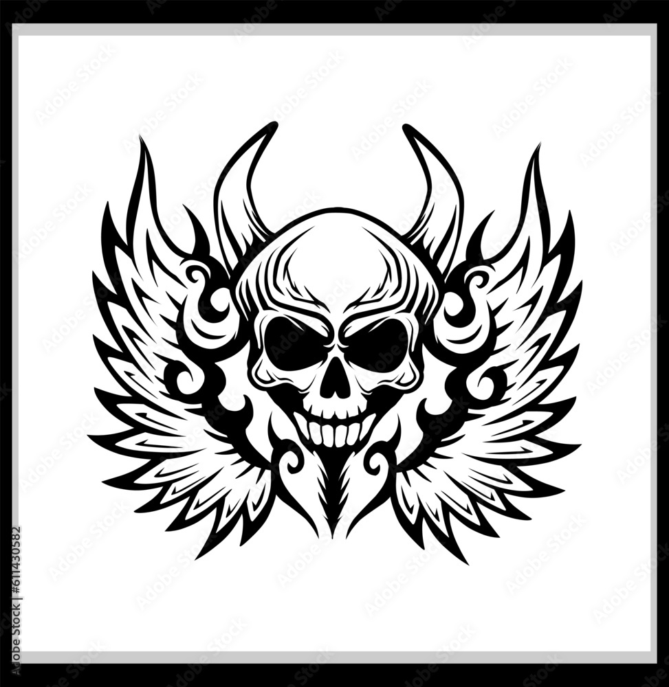 Skull tribal tattoo black and white illustration