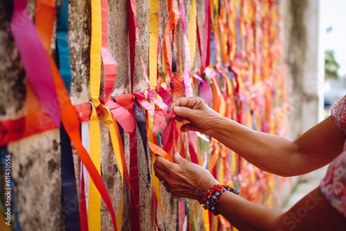 A person is tying ribbons on a wall. Generative AI