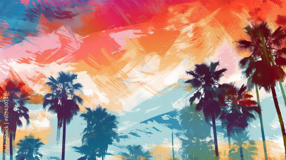 A painting of palm trees with a colorful sky in the background. Generative AI.