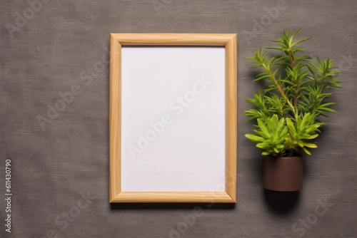 A brown picture frame with a white border and a green plant on the right. mock up Generative AI © GulyaevStudio