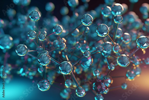 A close up of a molecular structure with many small spheres on it. Generative AI photo