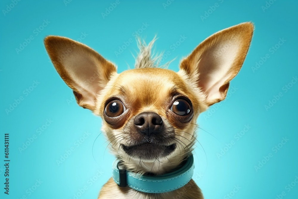 A dog with a blue collar and a blue collar with a big ear. Generative AI