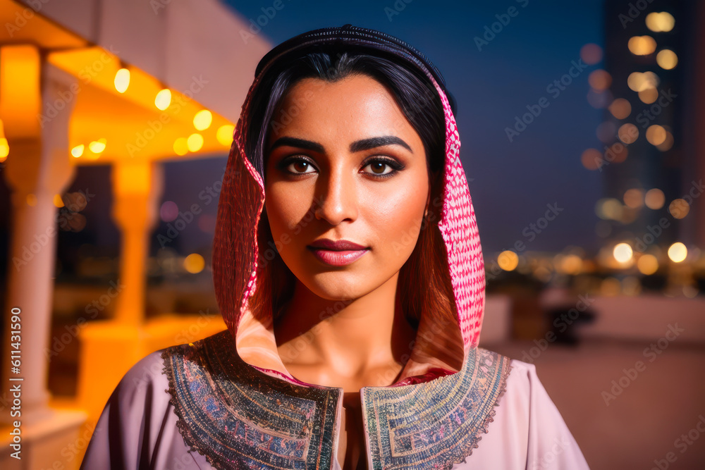 Digital portrait of the beautiful Arab woman in traditional clothes takes a selfie against the Dubai city at night. Generative AI Digital portrait of the beautiful Arab woman in traditional clothes takes a selfie against the Dubai city at night. Generative AI