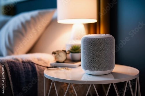 A smart home smart speaker sits on a table next to a lamp. Generative AI photo