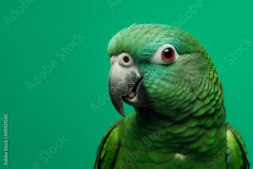 A green parrot with a red eye and a green background Generative AI photo