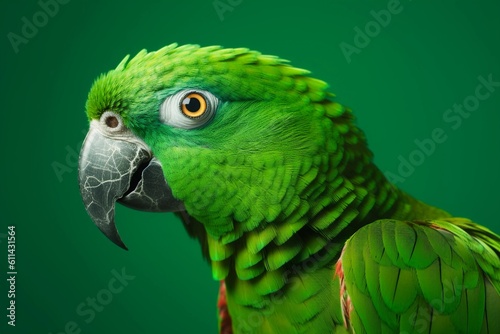 A green parrot with a yellow eye and a red eye. Generative AI photo