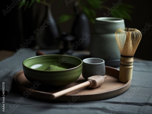 Organic matcha green tea ceremony on table. Generative AI