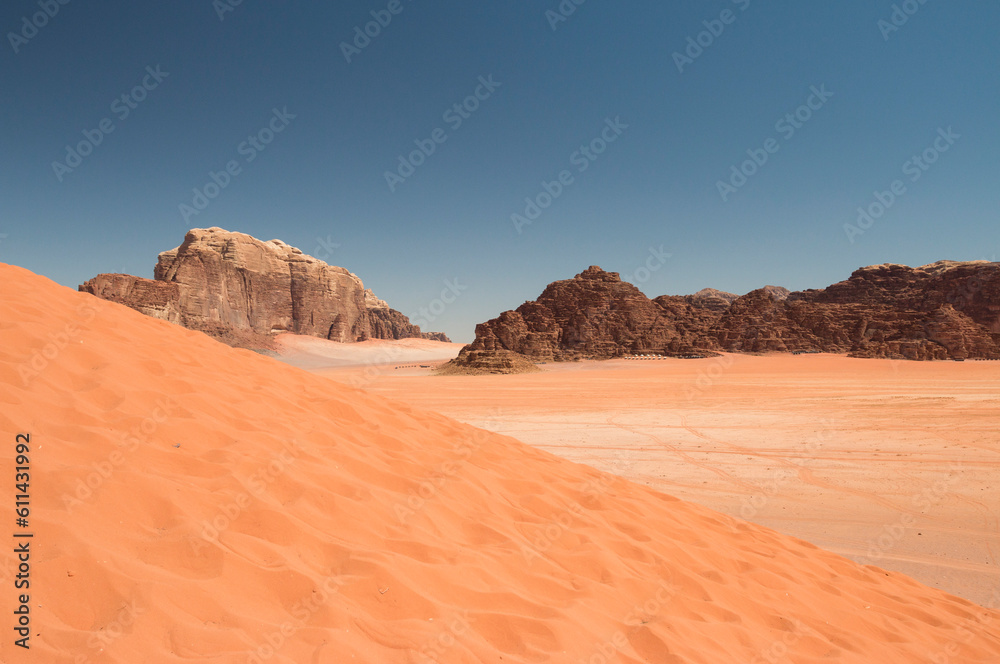 landscape with sandune and rocky mountains in Wadi Rum country, Jordan