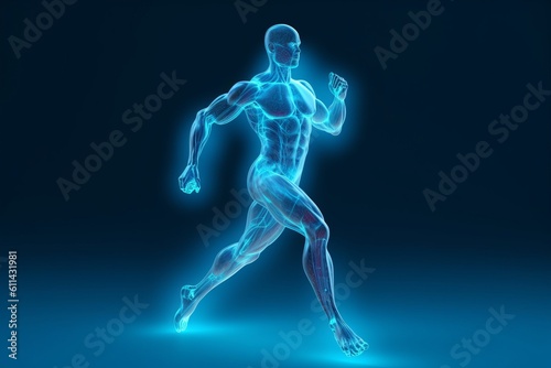 A blue figure of a man running with the word running on it Generative AI © GulyaevStudio