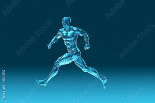 A blue man running with a blue background. Generative AI © GulyaevStudio