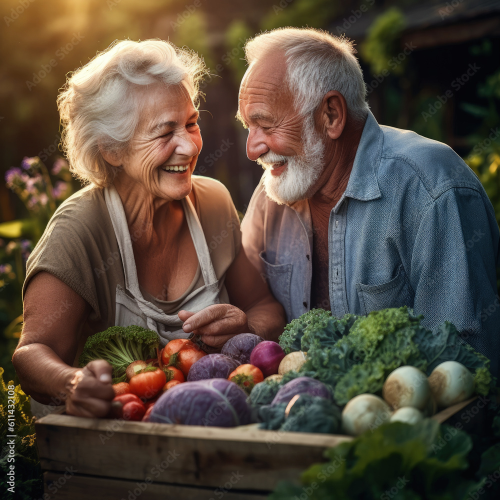 Senior smiling woman and man with wood boxes with fresh organic vegetables.Bio Senior smiling woman and man with wood boxes with fresh organic vegetables.Bio