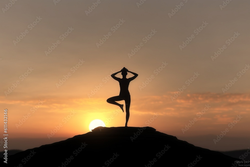 A woman doing yoga on a hill at sunset Generative AI