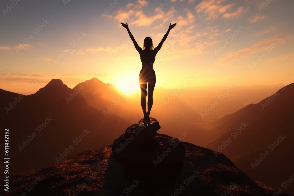 A woman stands on a mountain with her arms raised in the air. Generative AI
