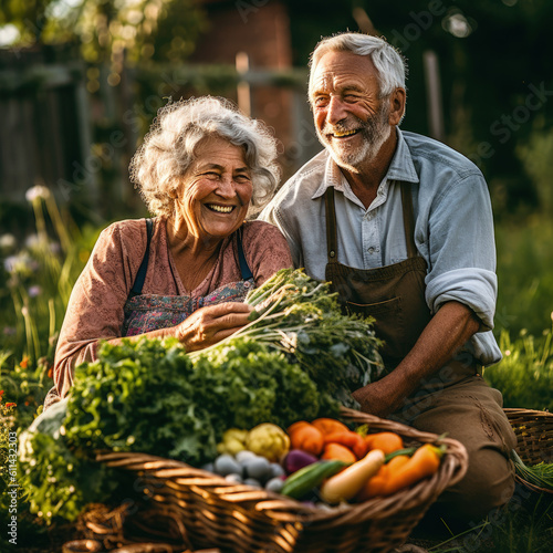 Senior smiling couple with wood boxes with fresh organic vegetables.Bio