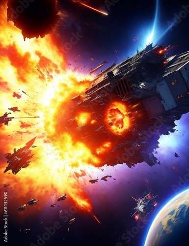 Witness an epic space battle as colossal spaceships clash amidst the cosmos. Brilliant beams, explosions, and dynamic reflections illuminate the conflict that shapes the destiny of the cosmos. © Thisura