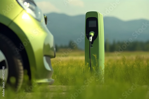 A green electric vehicle is parked in a field with a green car in the background. Generative AI photo