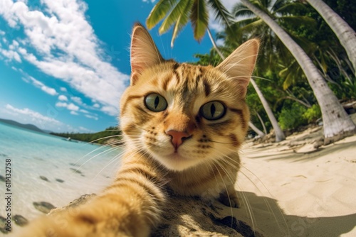 A cat on a beach taking a selfie Generative AI photo
