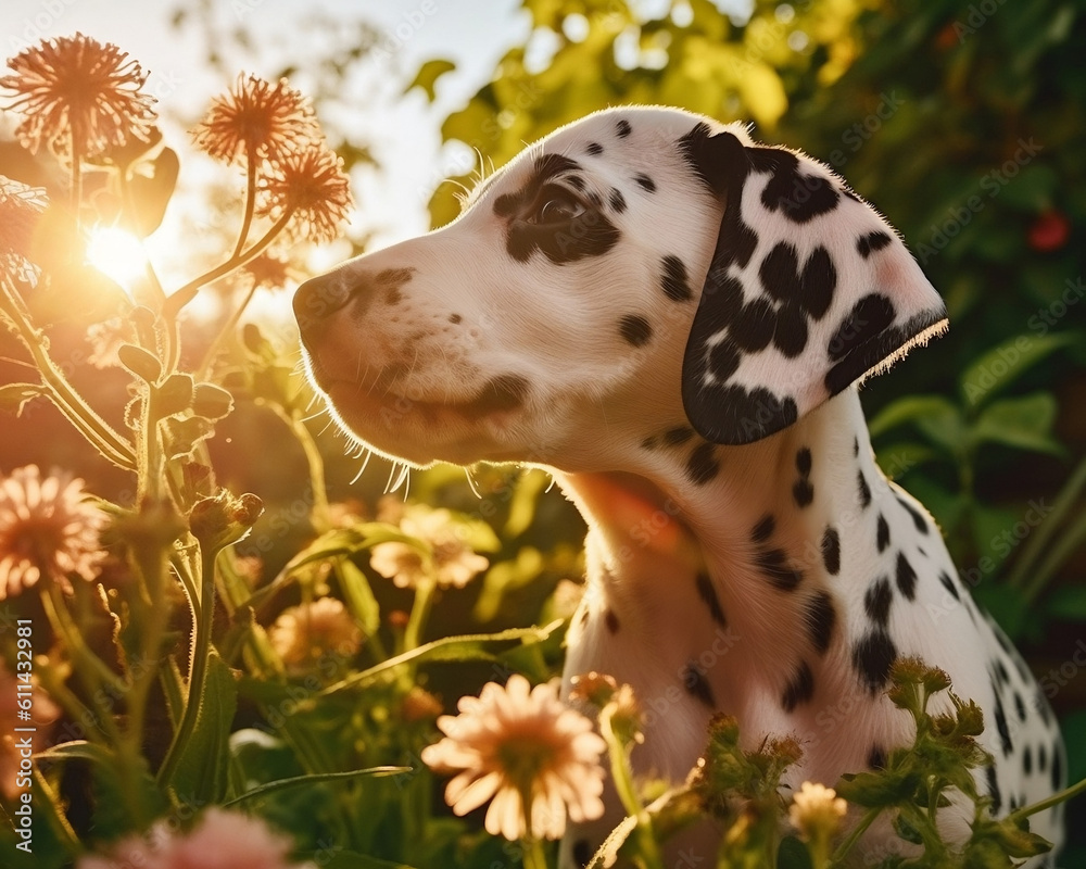 dalmatian puppy in a blooming garden in summer - Generative AI